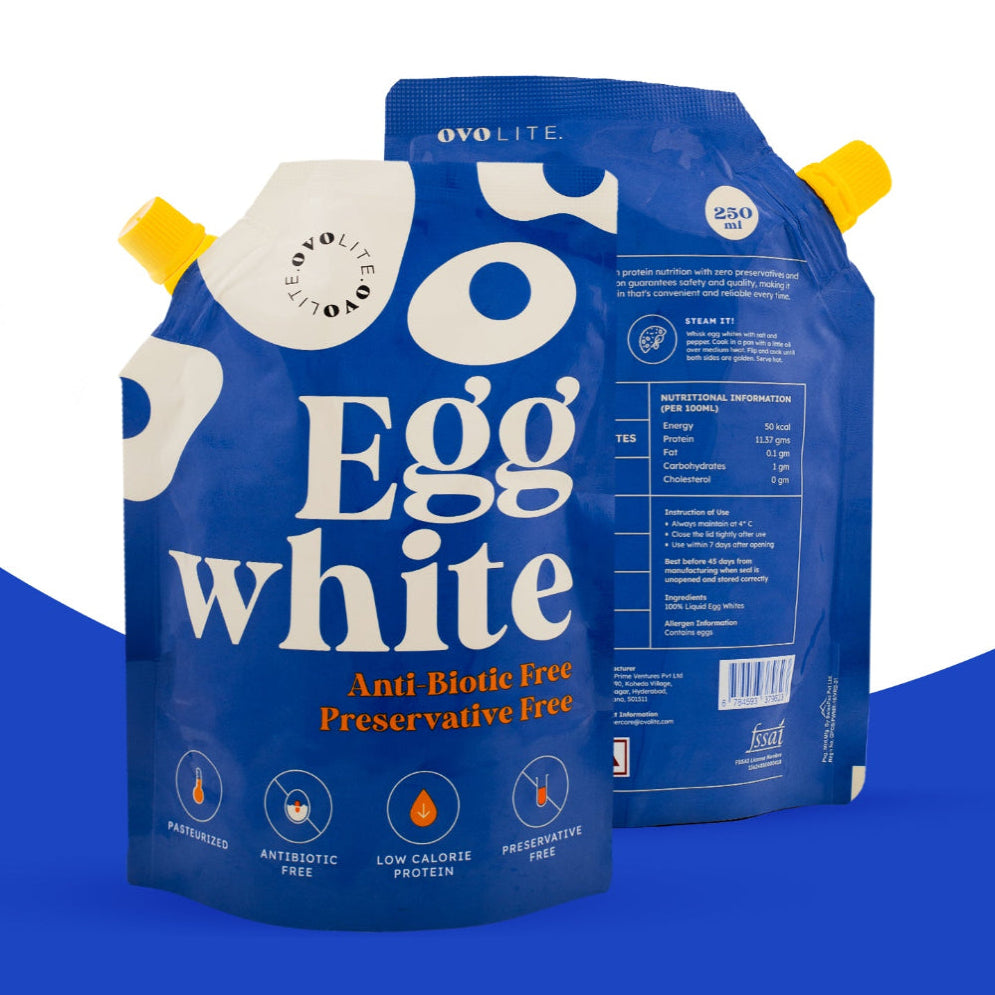 Ovolite Egg Whites package, 250ml, 100% pure protein, antibiotic-free, and preservative-free, ideal for healthy cooking.