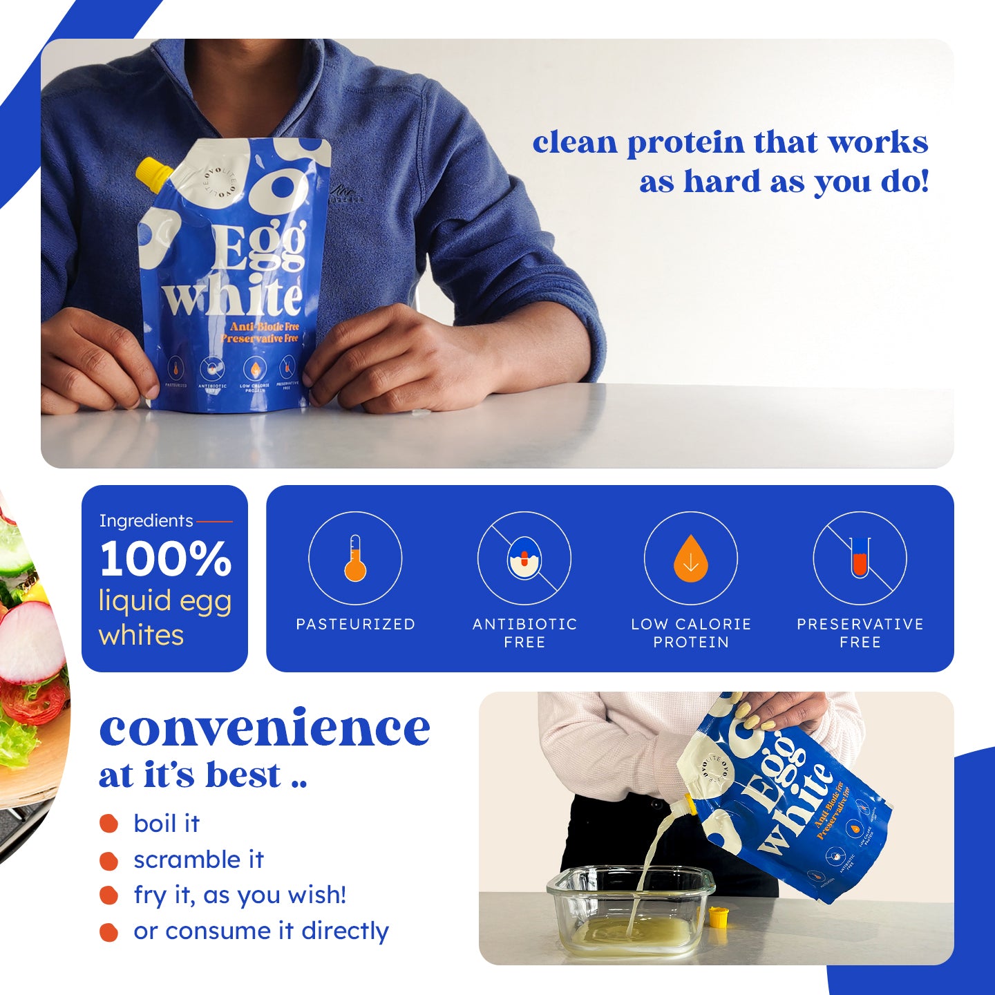 Ovolite liquid egg whites packaging, showcasing 100% pure protein, pasteurized, and convenient for cooking.