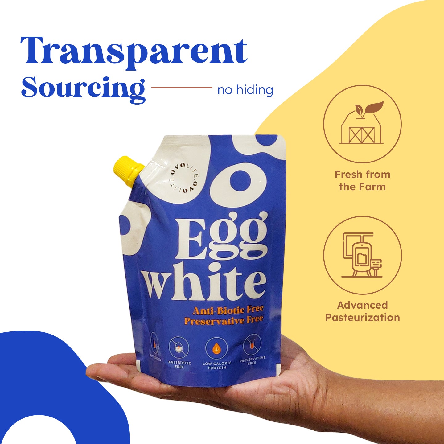 Ovolite liquid egg whites packaging showcasing transparency, freshness, and advanced pasteurization for pure protein.